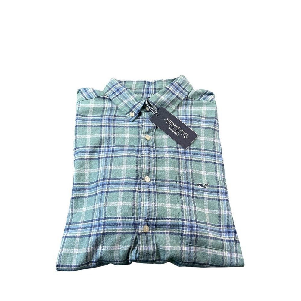 Vineyard Vines Clay Green Checked Cotton Linen Stretch Men's Button Front L NWT